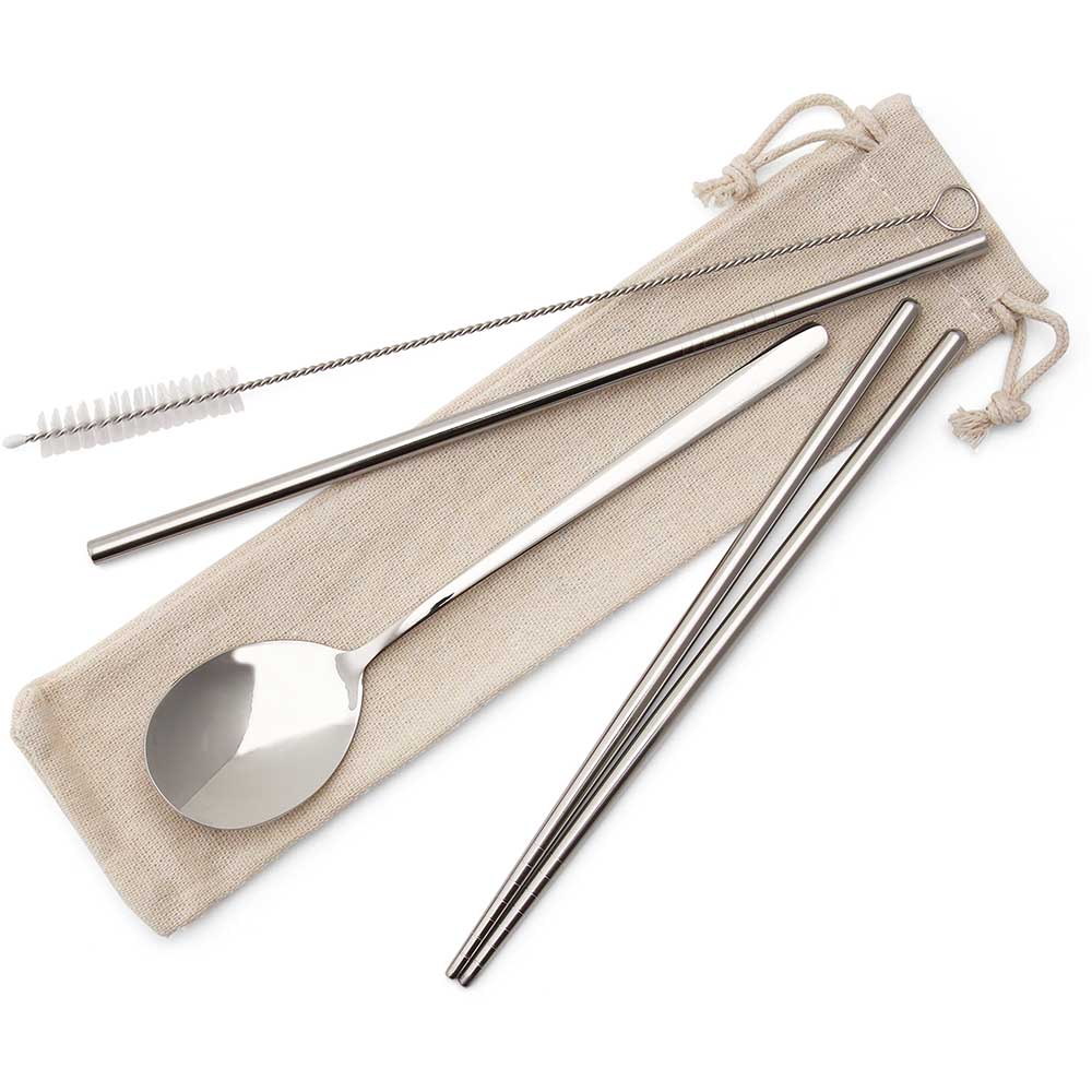 Travel utensil set with chopsticks, spoon and straw